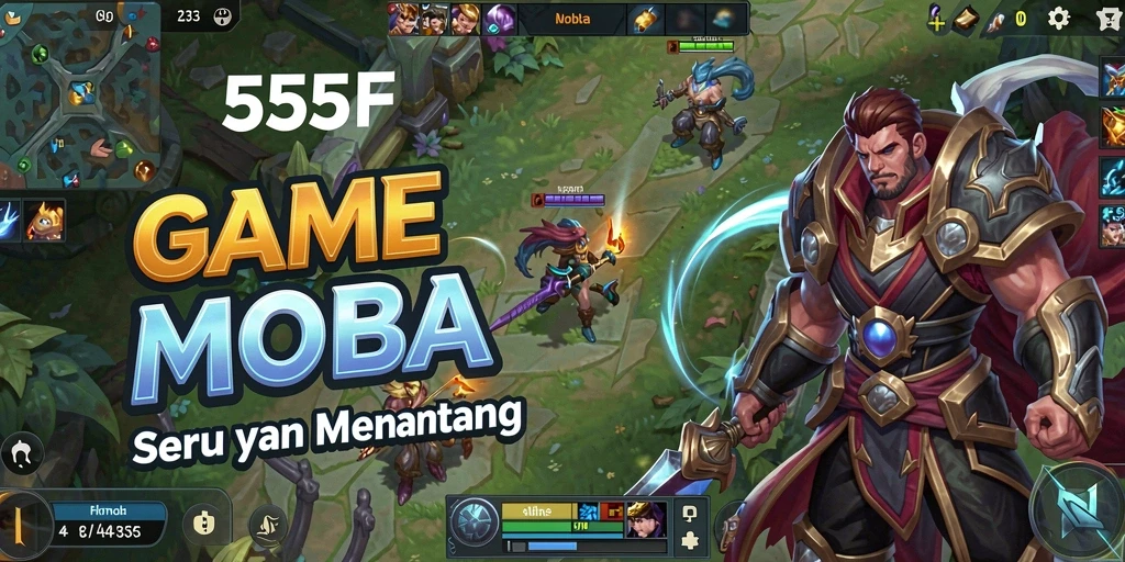 Tangkapan layar 555F dengan aksi gameplay MOBA yang intens.