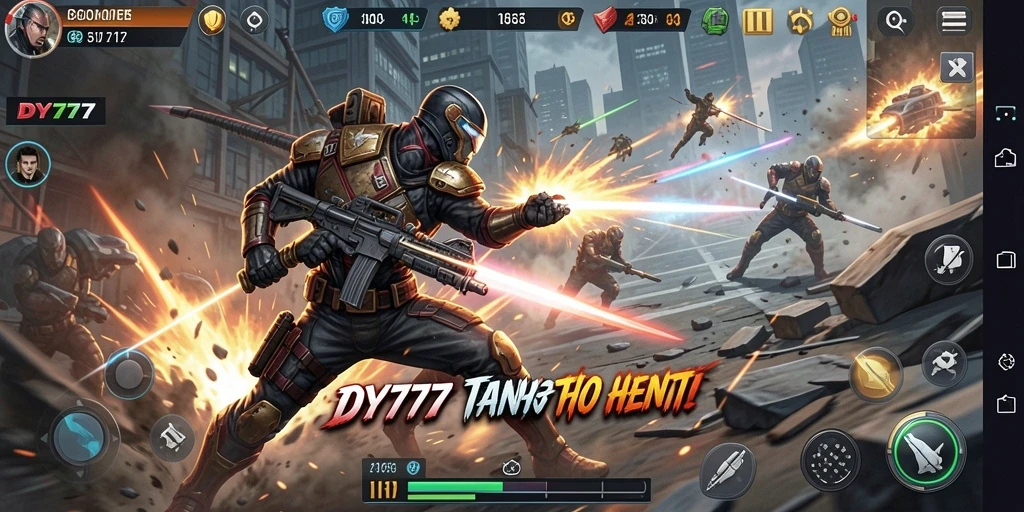 Tampilan dinamis dari gameplay intens DY777 di tengah pertempuran.