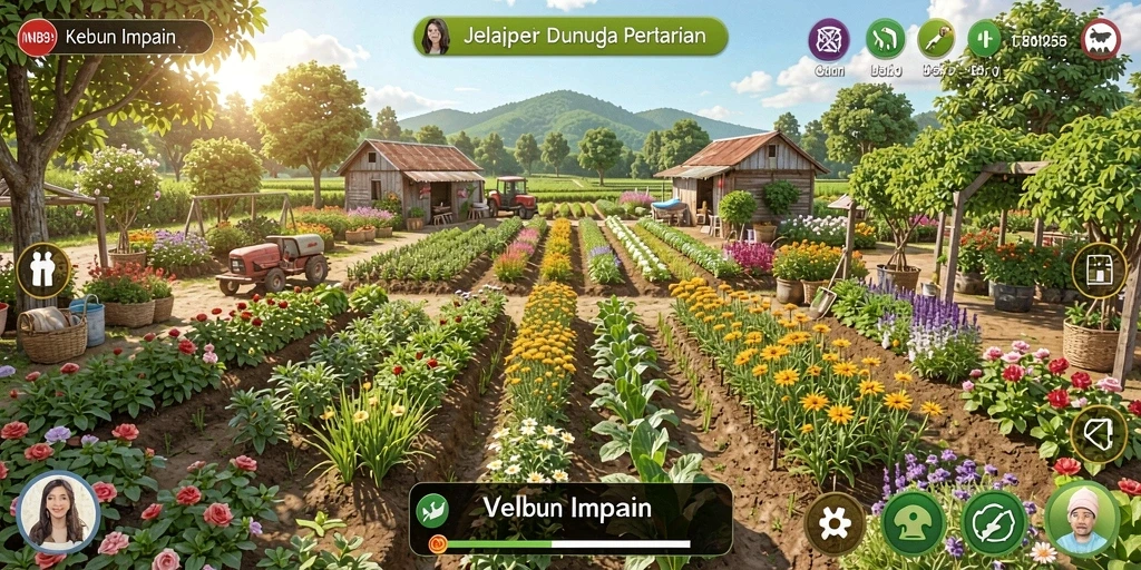 Screenshot gameplay IND89 menampilkan suasana bertani yang cerah dan aktif.