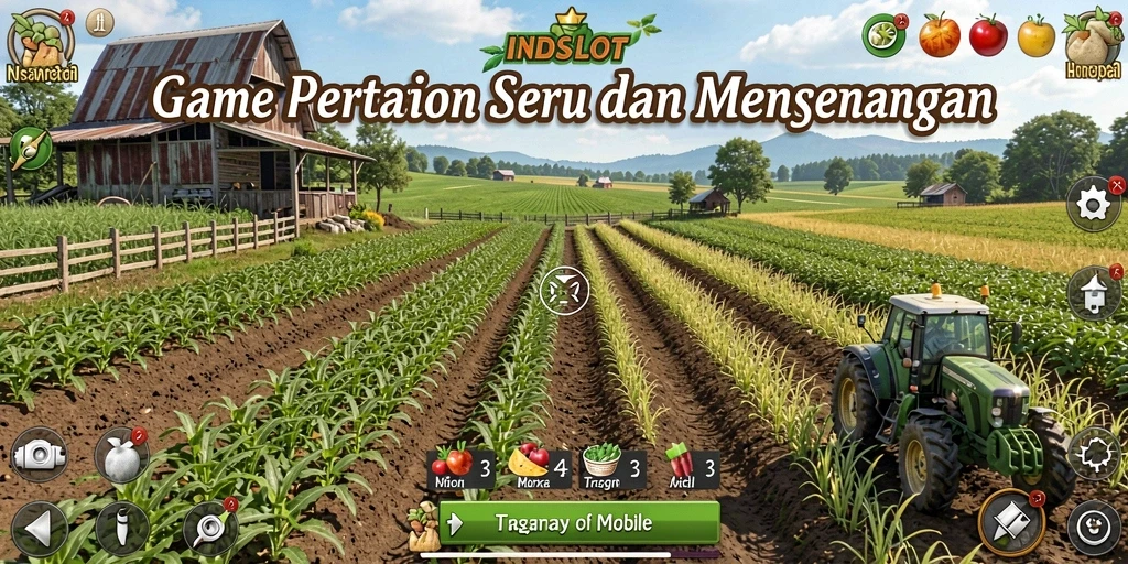 Screenshot gameplay INDSLOT menampilkan kebun yang hijau dan tanaman berbuah.