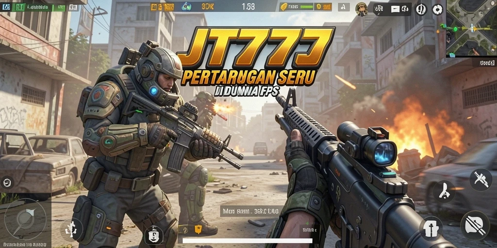 Screenshot JT777 menampilkan aksi intens dalam pertempuran FPS.