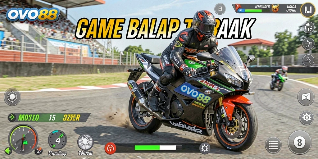 Screenshot menampilkan gameplay intens dalam balapan motor OVO88.