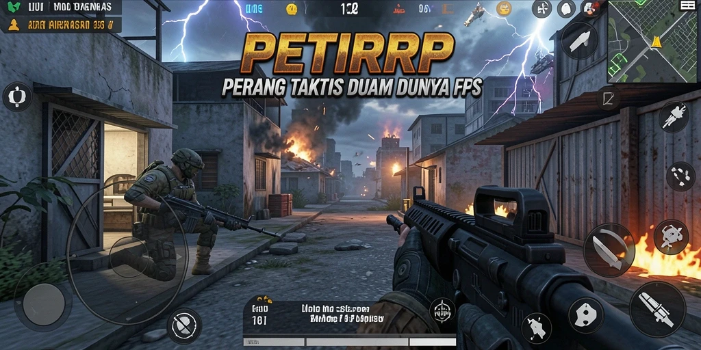 Screenshot gameplay PETIRRP yang memperlihatkan aksi menembak yang intens.