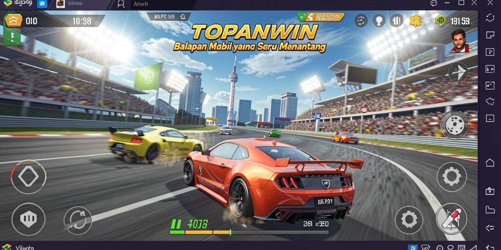 Screenshot gameplay TOPANWIN yang memperlihatkan aksi balapan yang mendebarkan.